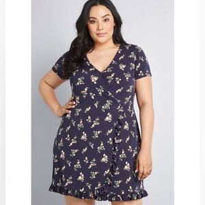 Modcloth Floral Navy Blue Faux Wrap Short Sleeve V-neck Ruffle Mini Dress